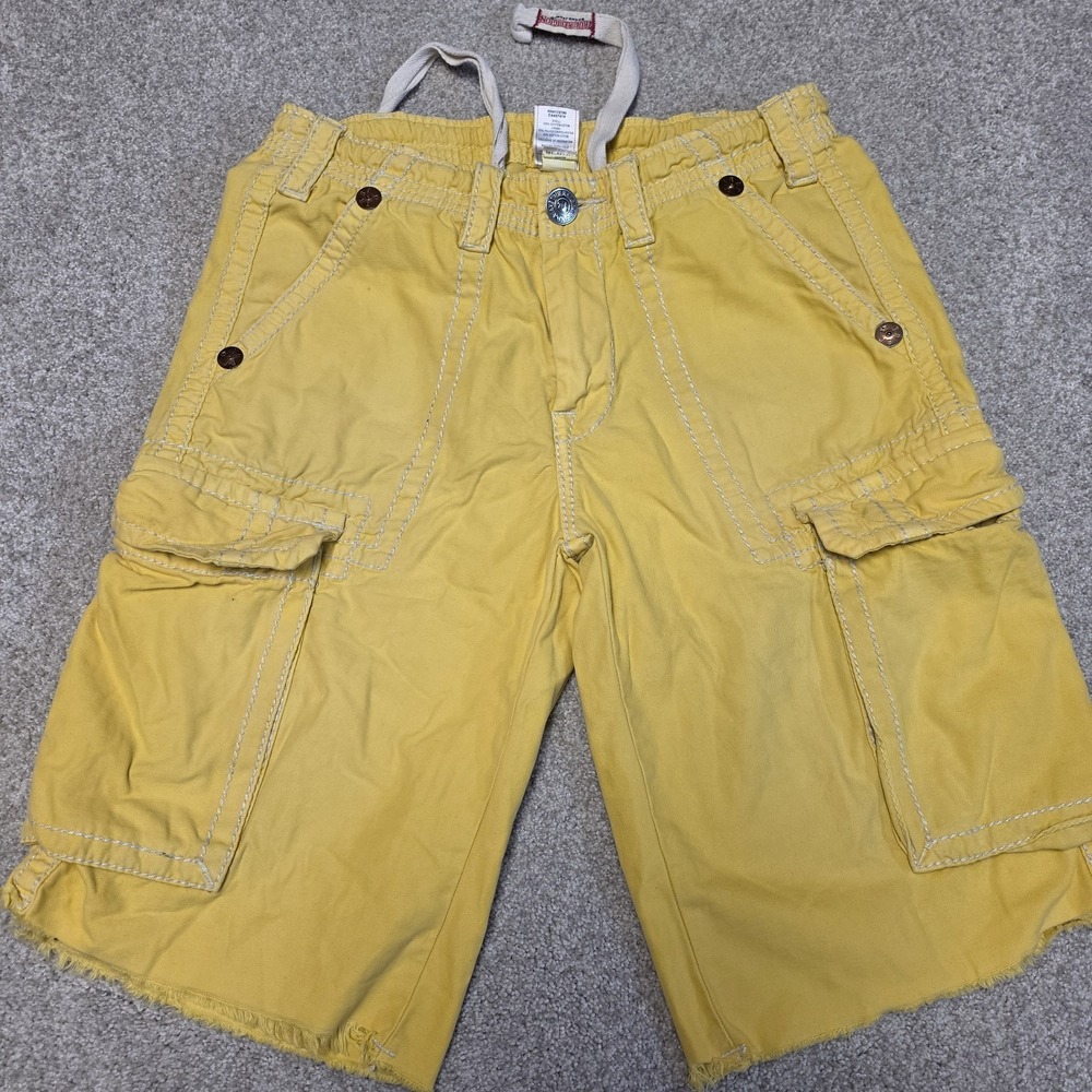 True Religion Cargo Jean Shorts Y2K Yellow Jorts Streetwear Hip Hop Embroidered